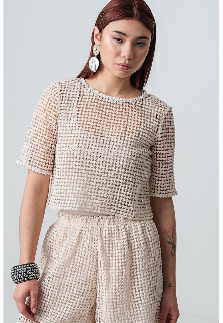 Къса ажурена тениска Faville - Светло бежово MaxCo