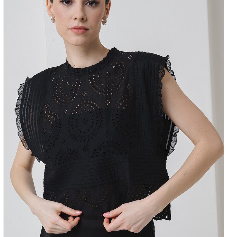 Къса блуза с ажур - Черен BOSS