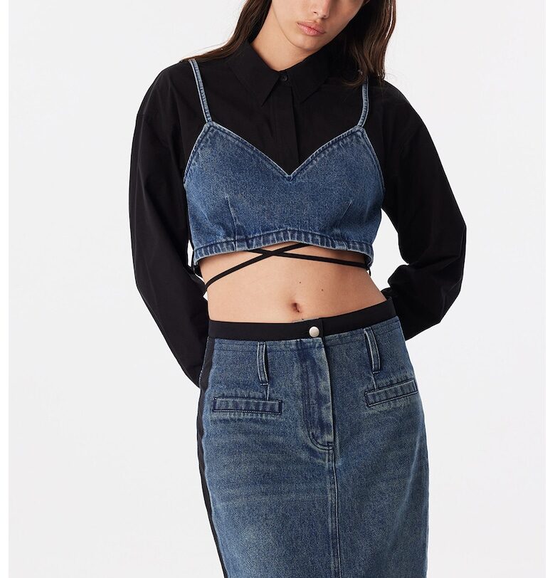 Къса блуза с дизайн 2в1 и кръстосани връзки - Черен/Син TWIST