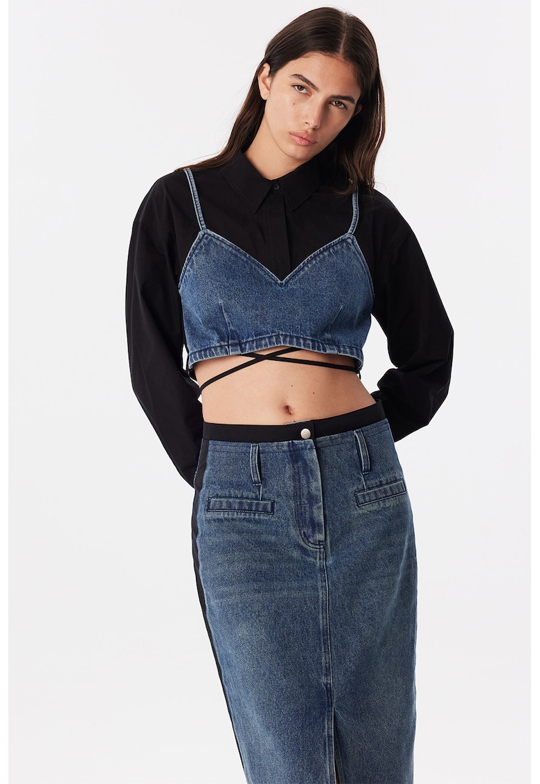 Къса блуза с дизайн 2в1 и кръстосани връзки - Черен/Син TWIST