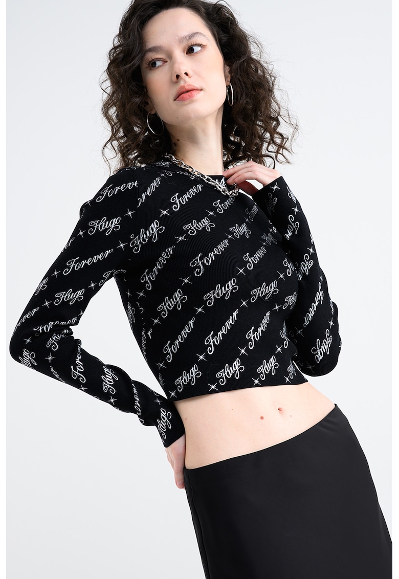 Къса блуза с лого - Черен/Сребрист HUGO