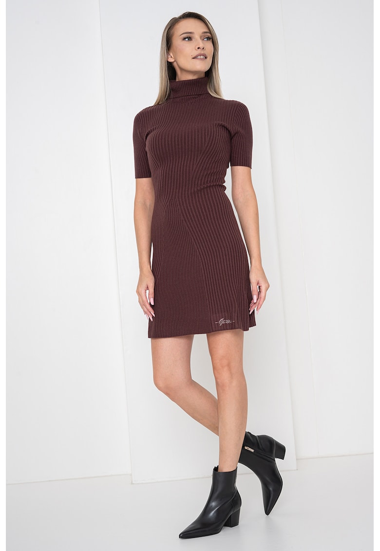 Къса вталена рокля с кашмир и коприна - Тъмнокафяв GUESS