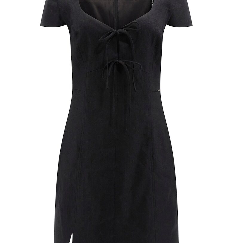 Къса вталена рокля с лен - Черен GUESS