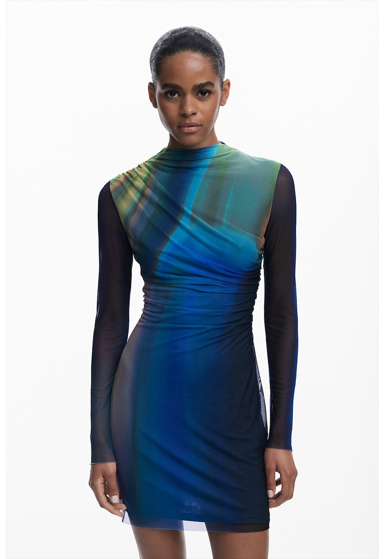 Къса вталена рокля с шарка тип батик - Кралско Синьо/Зелени аспержи DESIGUAL