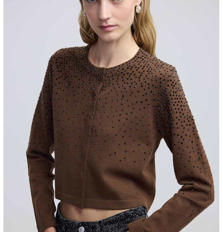 Къса жилетка с декоративни камъни - Черен/Кафяв Ipekyol