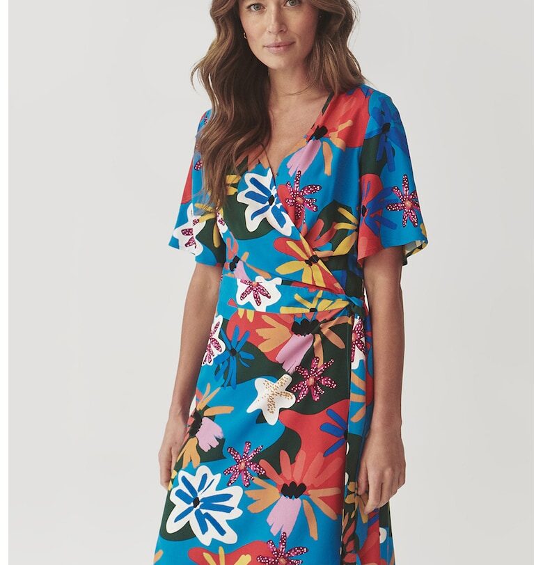 Къса застъпена рокля с десен - Шафраново жълто/Кралско Синьо/Аленочервен Tatuum