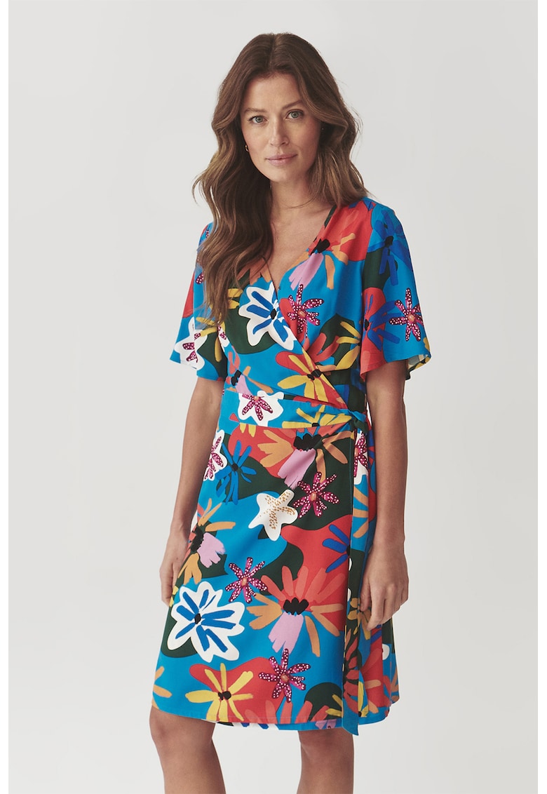 Къса застъпена рокля с десен - Шафраново жълто/Кралско Синьо/Аленочервен Tatuum