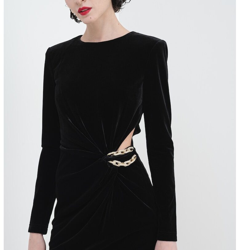 Къса кадифена рокля с отвори и верижка - Черен SELF-PORTRAIT