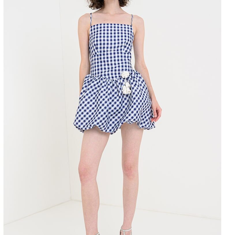 Къса карирана рокля с декоративна апликация - Бял/Тъмносин SELF-PORTRAIT