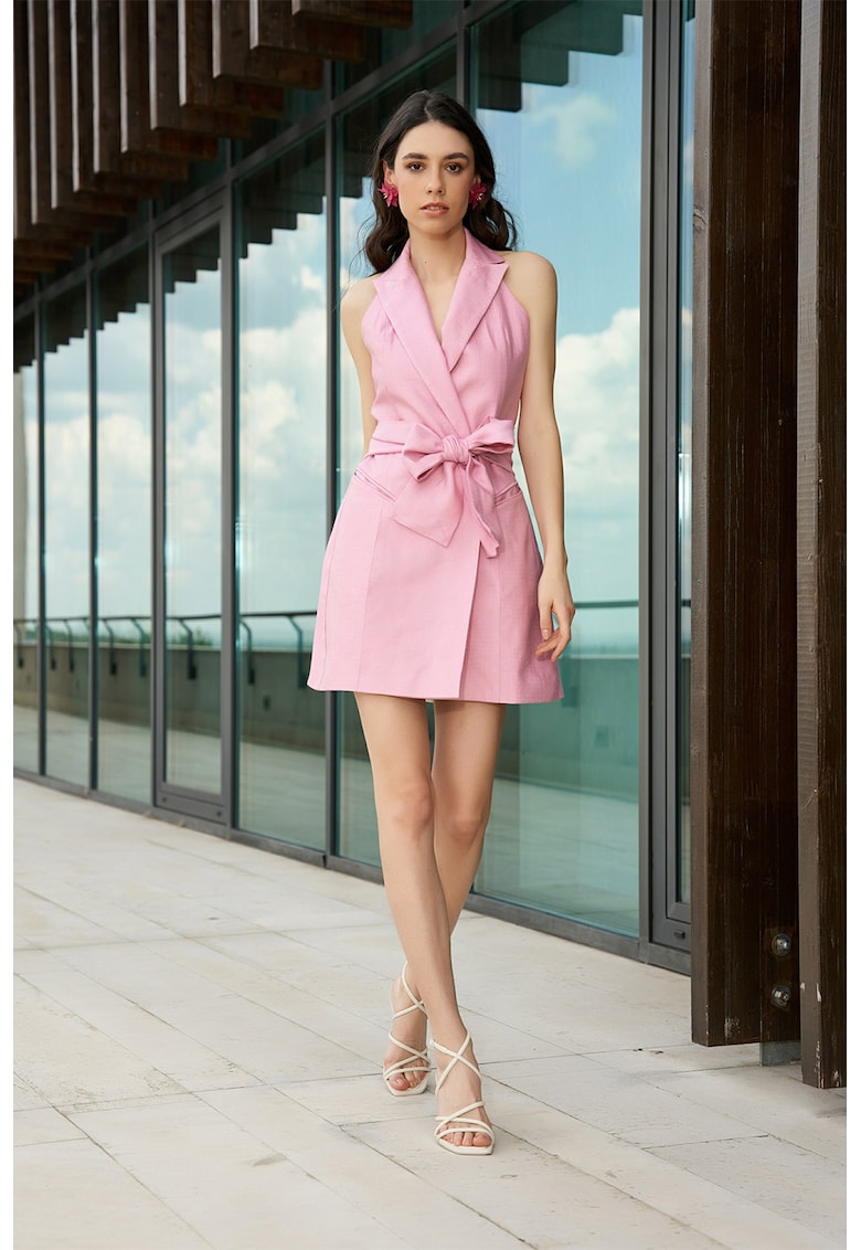 Къса ленена рокля с колан - Розово AVENUE No29