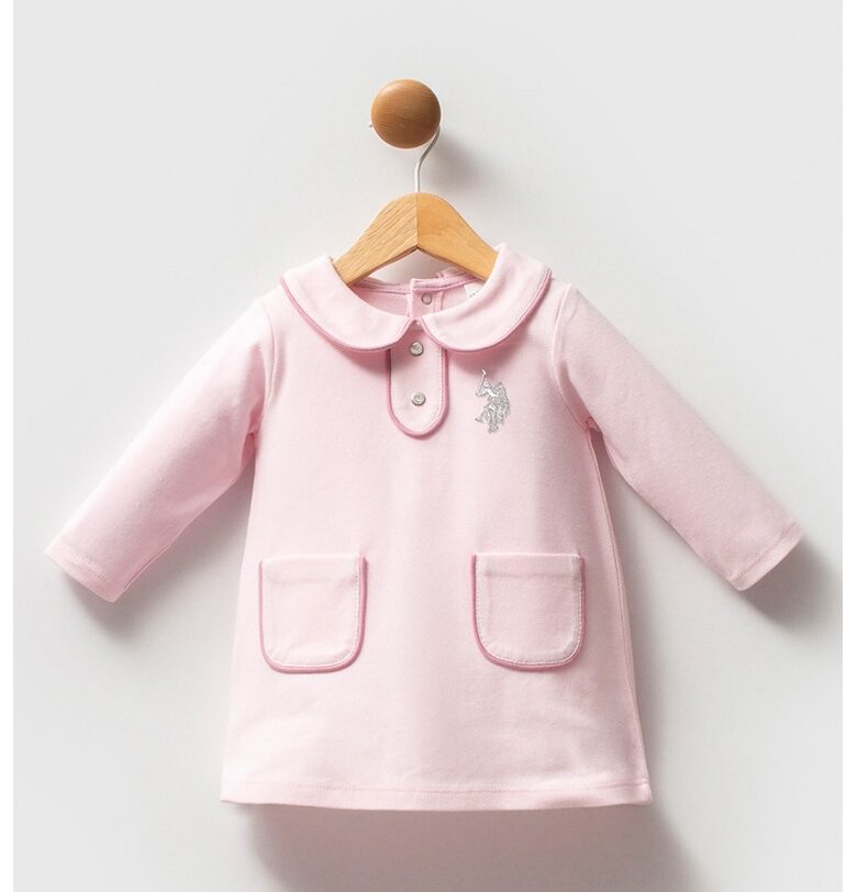 Къса памучна рокля с дълги ръкави - Пастелнорозов US Polo Assn