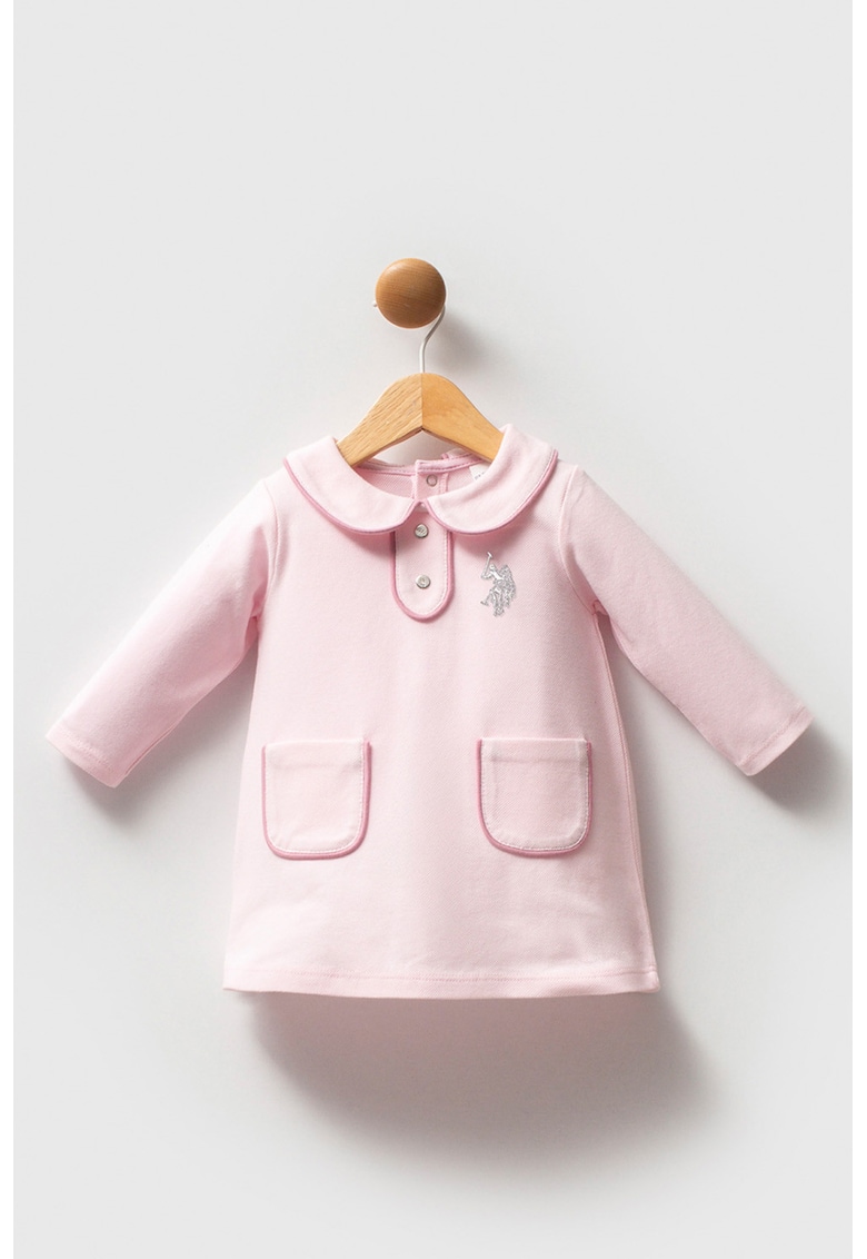 Къса памучна рокля с дълги ръкави - Пастелнорозов US Polo Assn