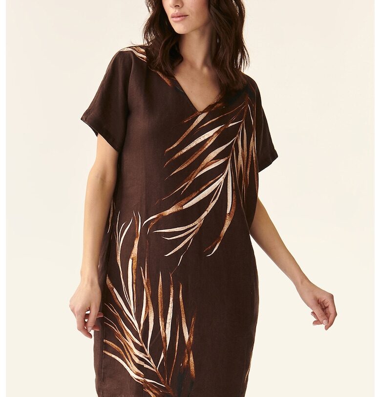 Къса пола от лен с тропическа шарка - Тъмнокафяв/Канелено кафяво Tatuum