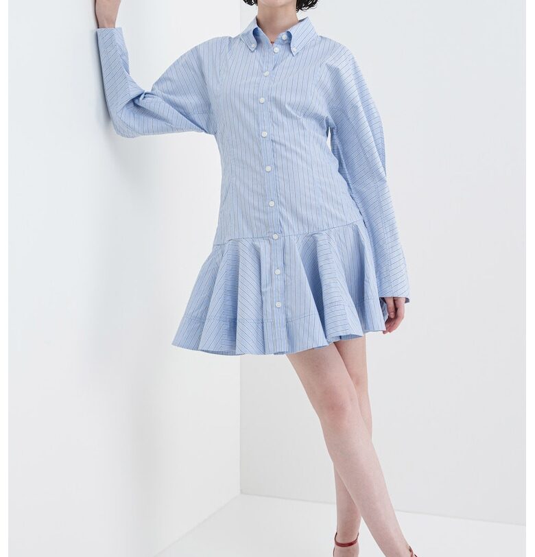 Къса разкроена рокля-риза с дълги ръкави - Бял/Пастелносин/Ултрамарин синьо GANNI