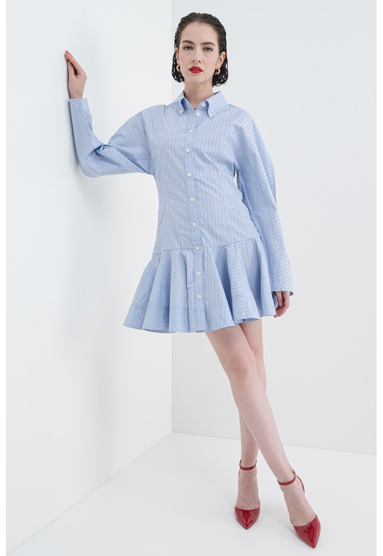 Къса разкроена рокля-риза с дълги ръкави - Бял/Пастелносин/Ултрамарин синьо GANNI