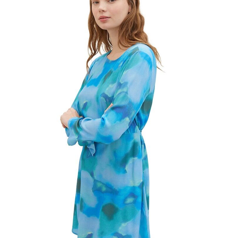 Къса разкроена рокля с десен - Светлосин Tom Tailor