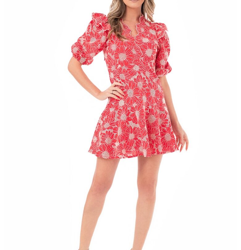 Къса разкроена рокля с флорални бродерии - Червен/Бял MIYU