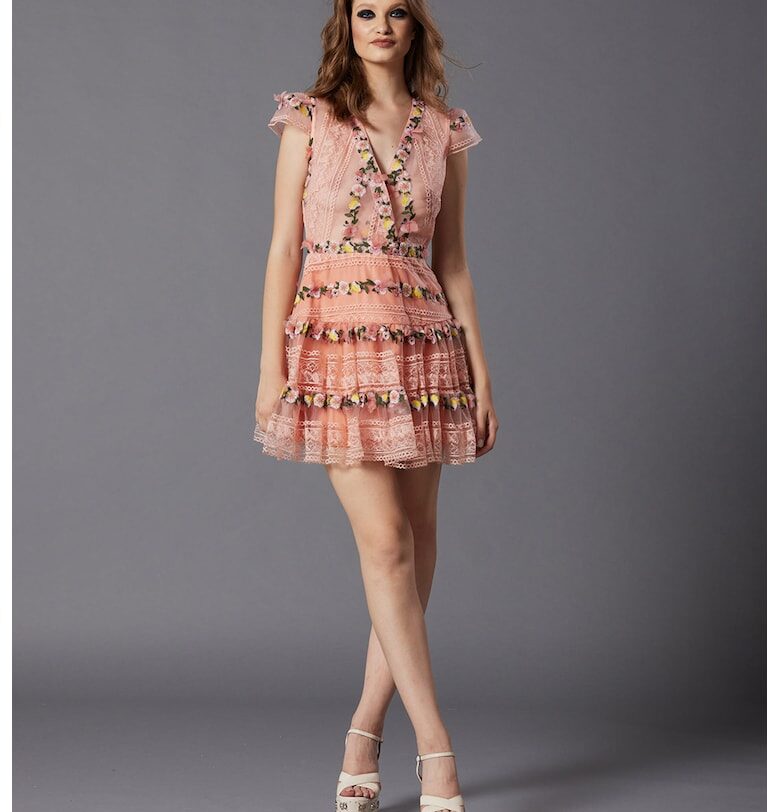 Къса рокля Aronia с флорална бродерия - Пастелнорозов MIAU by Clara Rotescu