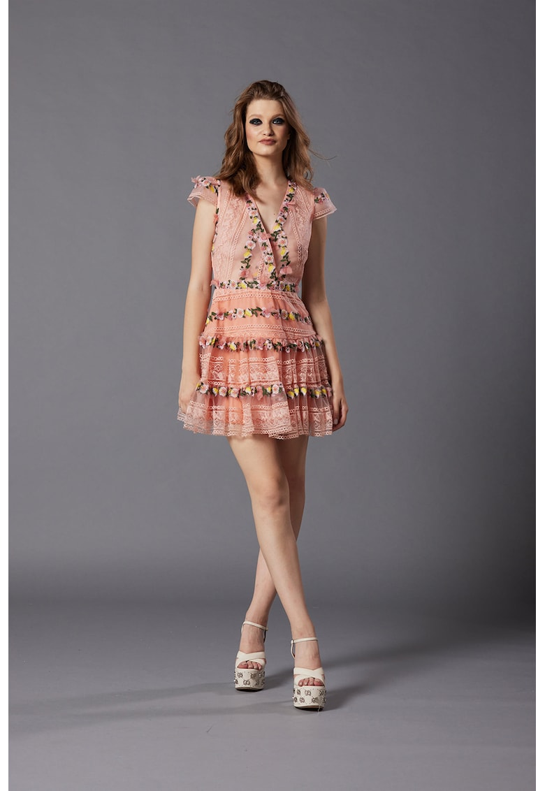 Къса рокля Aronia с флорална бродерия - Пастелнорозов MIAU by Clara Rotescu