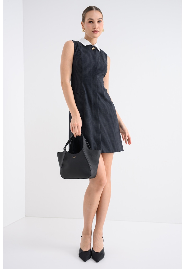 Къса рокля Kaledoni със ситно райе и яка - Мръснобял/Тъмносин HUGO