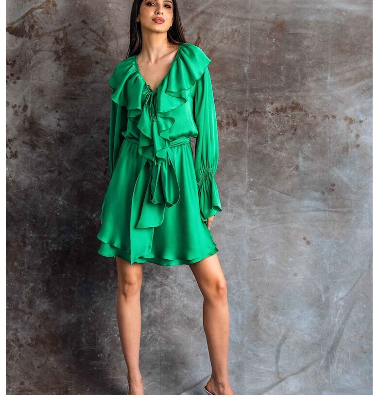 Къса рокля Novas с набирания и сатиниран ефект - Аква зелено MIAU by Clara Rotescu