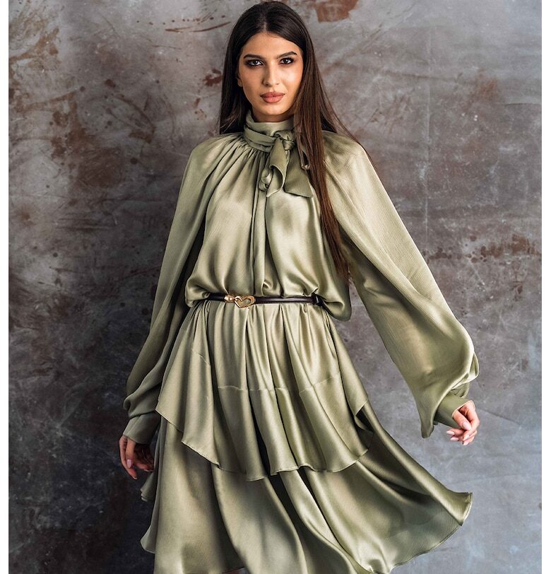 Къса рокля Sunna с коприна - Зелени аспержи MIAU by Clara Rotescu