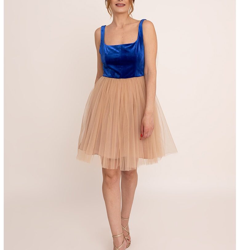 Къса рокля Valeria с панделка - Кралско Синьо/Бежов Ilona Andreoiu