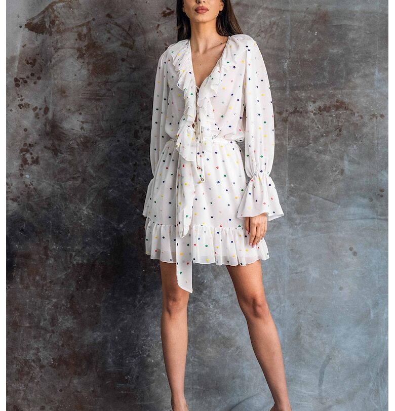 Къса рокля на точки с набирания - Бял MIAU by Clara Rotescu