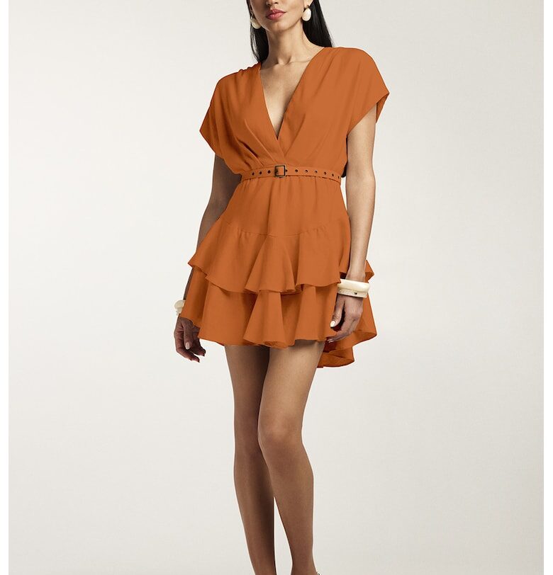 Къса рокля с бамбукови нишки с колан и набиране Alina Cernatescu