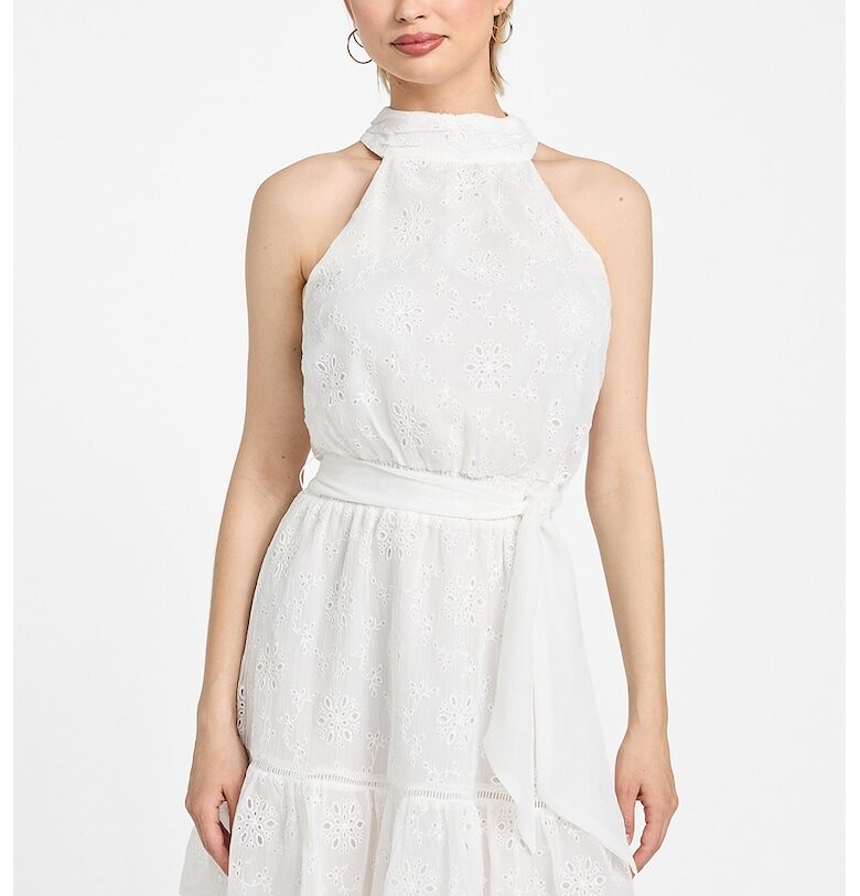 Къса рокля с бродерии - Мръснобял GUESS