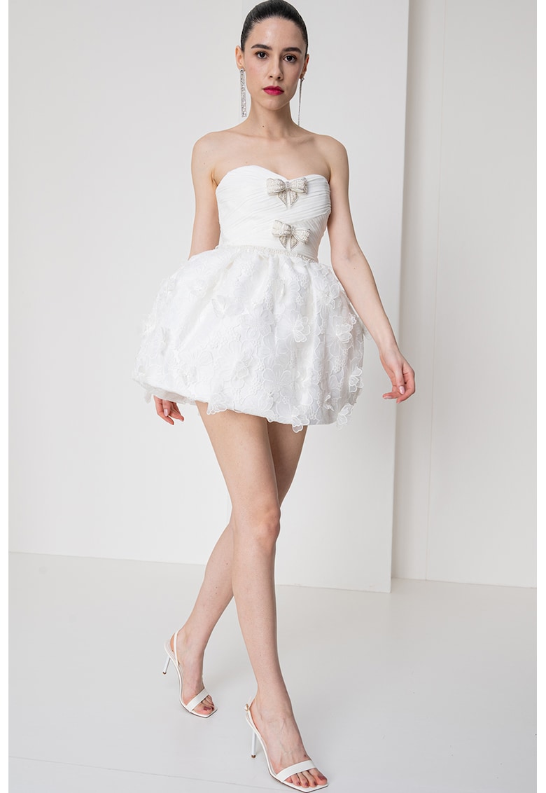 Къса рокля с бродерии и мъниста - Мръснобял SELF-PORTRAIT