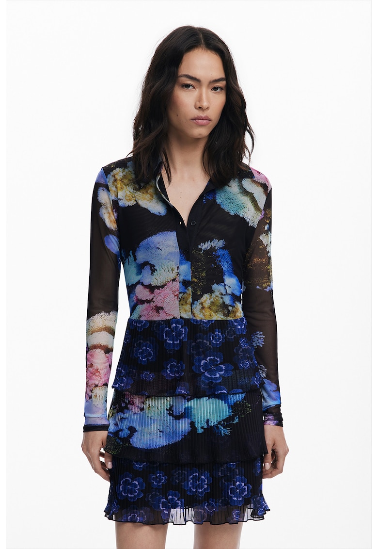 Къса рокля с волани - дълги ръкави и дизайн 2 в 1 - Черен/Син/Прозрачен DESIGUAL