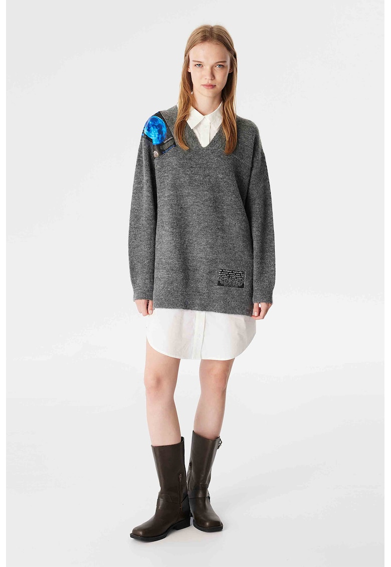 Къса рокля с вълна и дизайн 2 в 1 - Меланж тъмно сиво TWIST