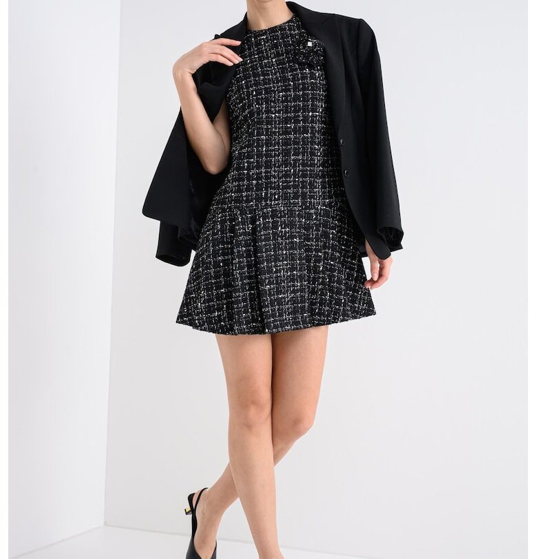 Къса рокля с вълна и флорална апликация - Черен/Мръснобял HUGO