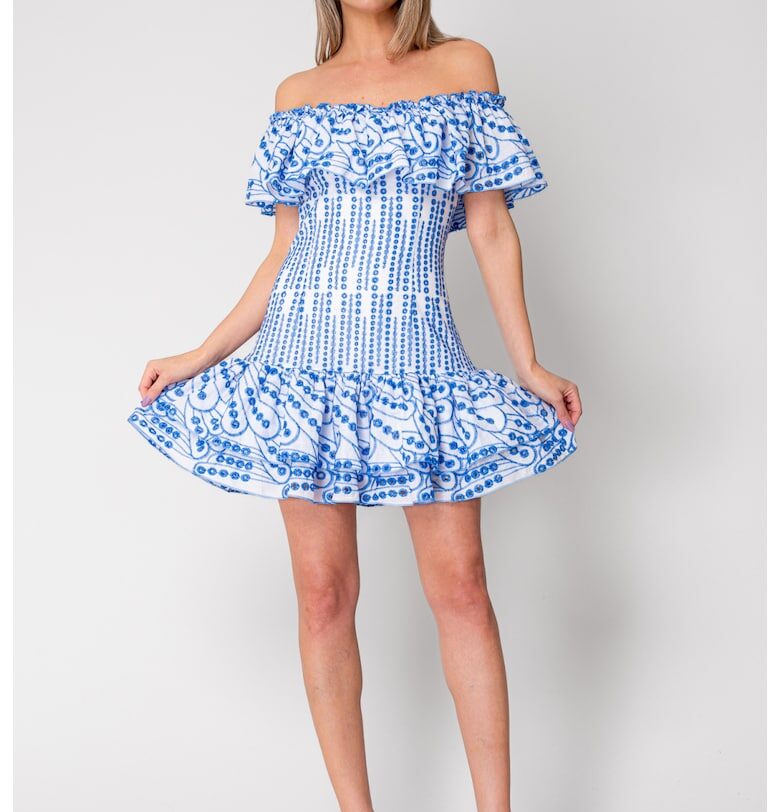 Къса рокля с голи рамене 100% памук - цвят Off White/Blue 16489 - Бял/Син uFIT