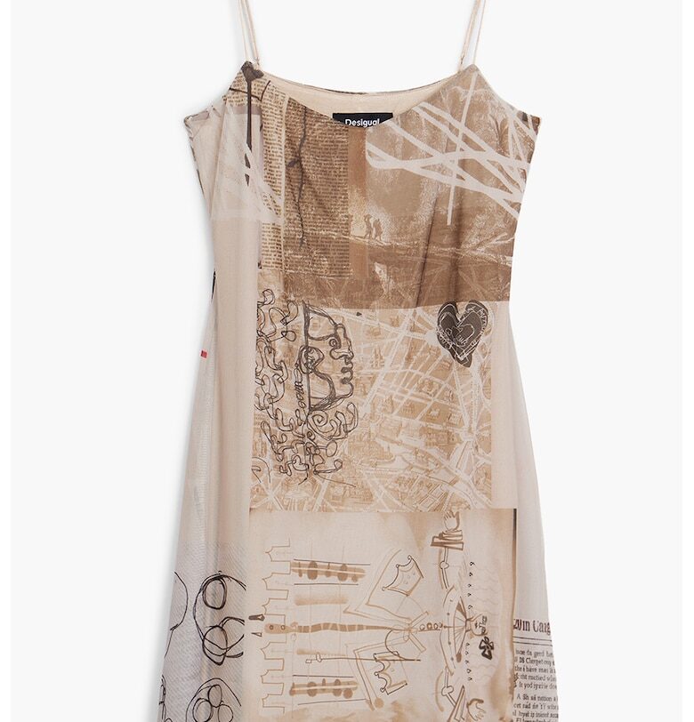 Къса рокля с десен и тънки презрамки - Черен/Бежов DESIGUAL