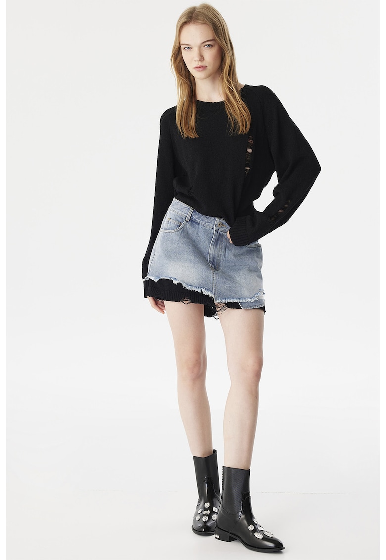 Къса рокля с дизайн 2 в 1 и захабени зони - Черен/Светлосин TWIST