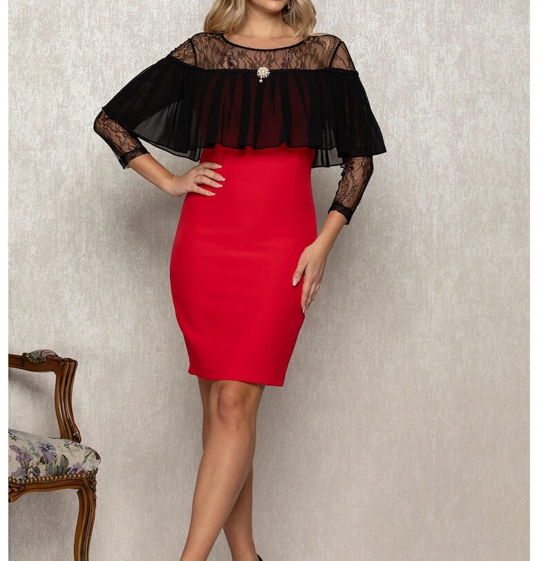 Къса рокля с контрастен панел - Черен/Аленочервен BAROCCA