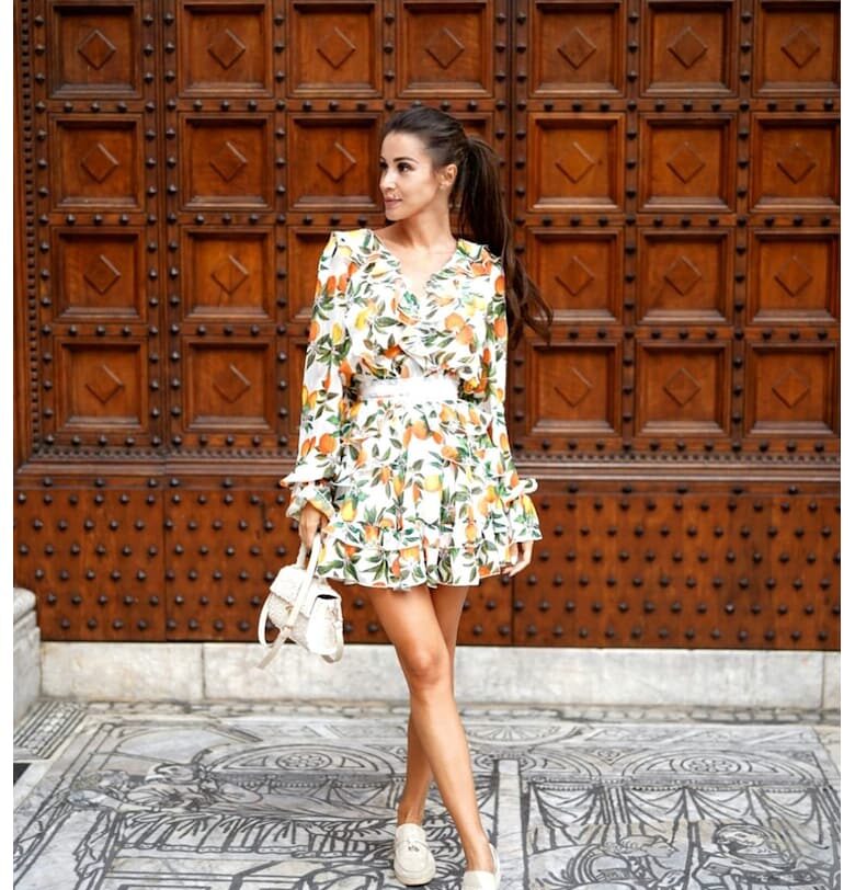 Къса рокля с коприна и принт - Бял/Зелен/Жълт MIAU by Clara Rotescu