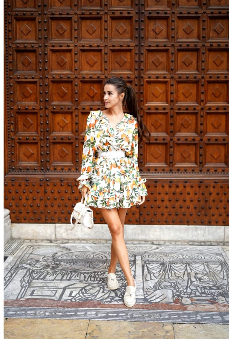 Къса рокля с коприна и принт - Бял/Зелен/Жълт MIAU by Clara Rotescu