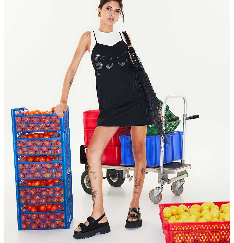 Къса рокля с лен - Бял/Черен TWIST