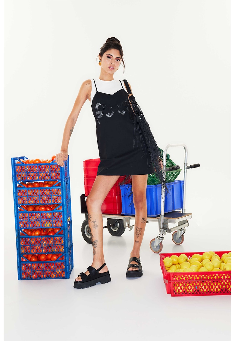 Къса рокля с лен - Бял/Черен TWIST