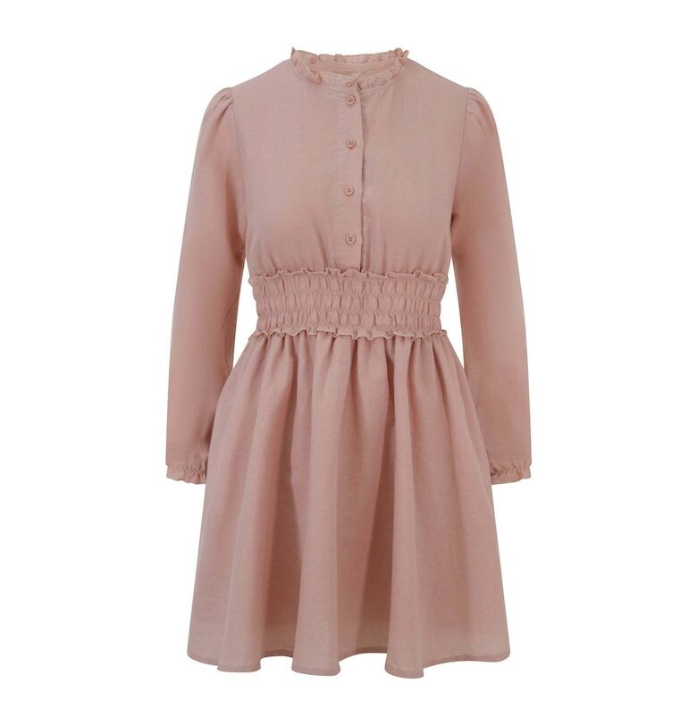 Къса рокля с лен и набрана талия - Розово BALOU