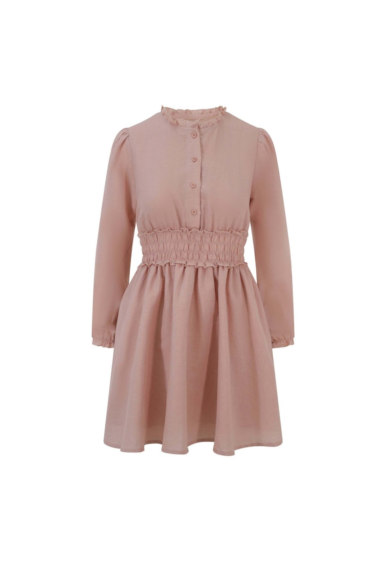 Къса рокля с лен и набрана талия - Розово BALOU