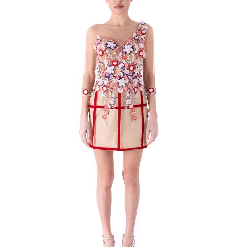 Къса рокля с мрежест панел - Червен/Виолетов/Бледо розово Acob a porter