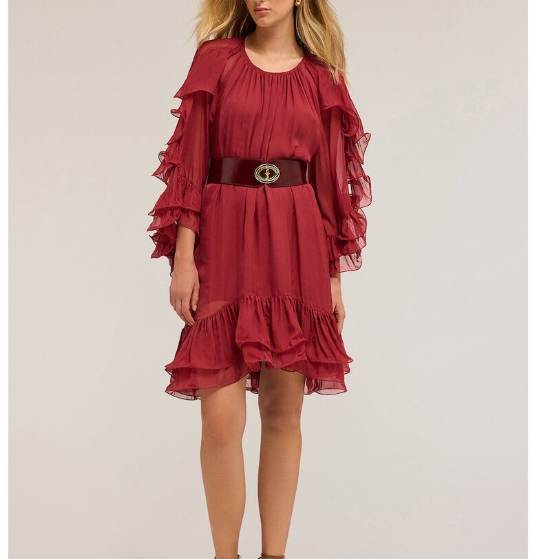 Къса рокля с овално деколте - Тъмночервен Motivi