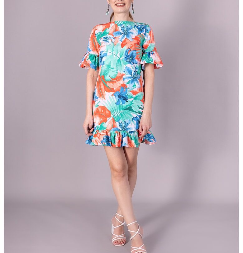 Къса рокля с тропически принт - Бял/Оранжев/Тюркоаз Ilona Andreoiu