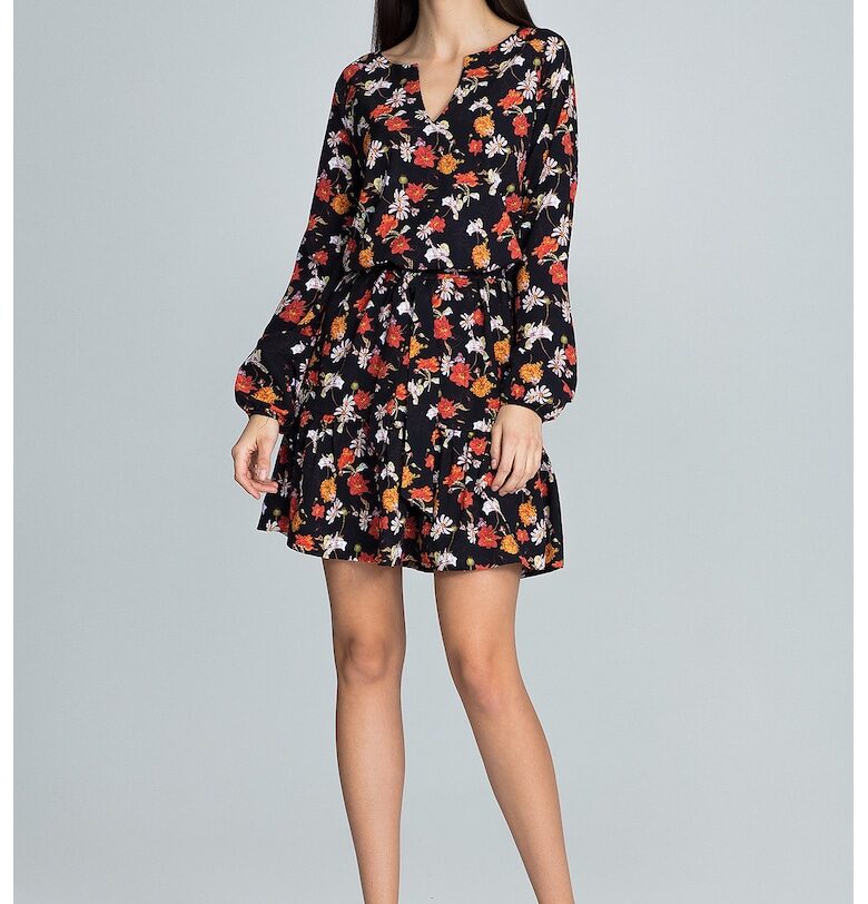 Къса рокля с флорален принт  M597 - дълъг ръкав - полиестер - многоцветна - Figl