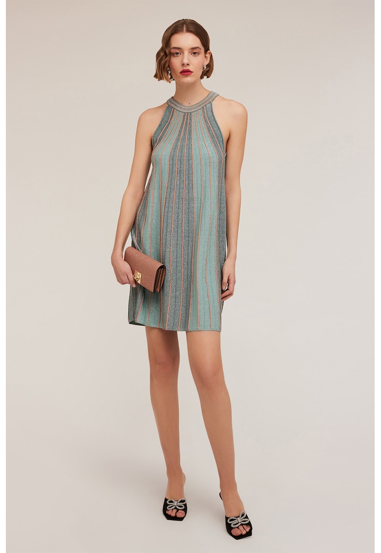 Къса рокля с халтер деколте и райе - Бледозелен/Прашно розово/Персийско зелено Motivi