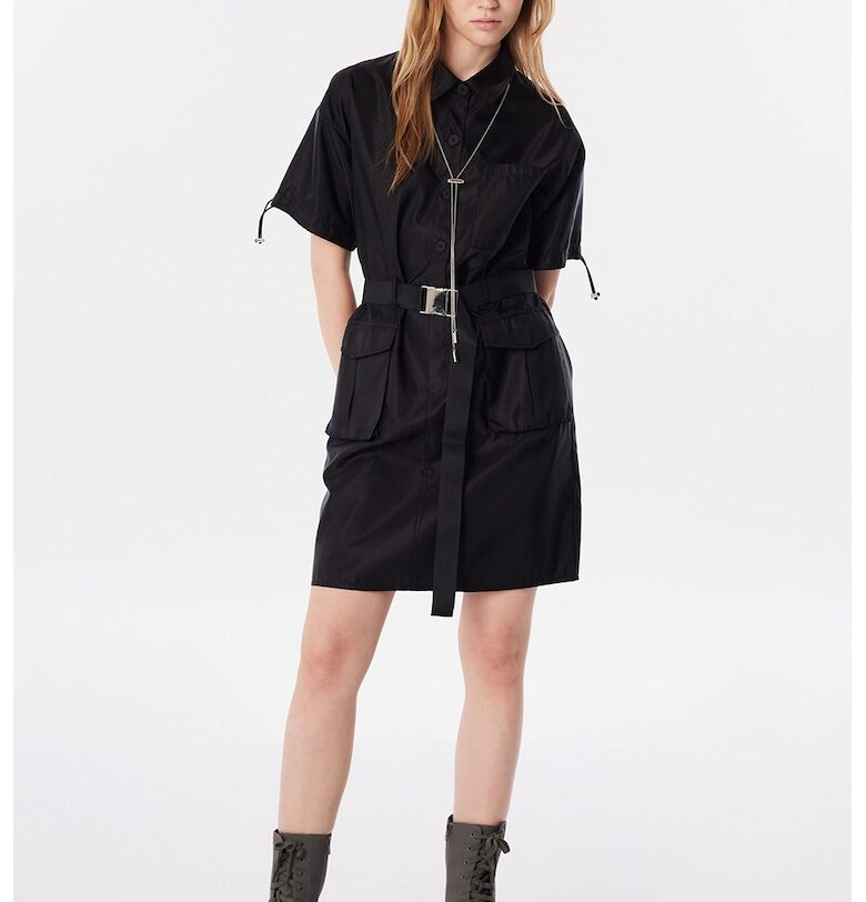 Къса рокля с цип - джобове с капаче и колан - Черен TWIST